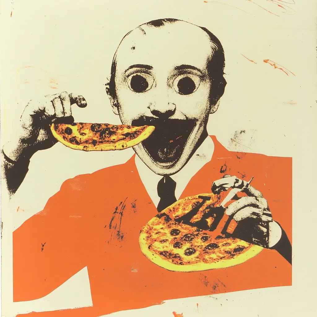 Here's a description of the image:

The artwork depicts a bald man with exaggerated features—wide eyes and an enormous, open mouth—dressed in a vibrant orange suit and tie. He is depicted in a highly stylized manner, almost caricature-like. He's intensely focused on consuming two large slices of pizza, one directly in his mouth and another held in his hand. The style is bold and graphic, with contrasting colors and seemingly printed textures suggesting a screenprint or similar process. The overall effect is one of surrealism and perhaps dark humor, highlighting the man's voracious appetite for pizza. The background is a muted off-white, which makes the figure and pizza pop out.