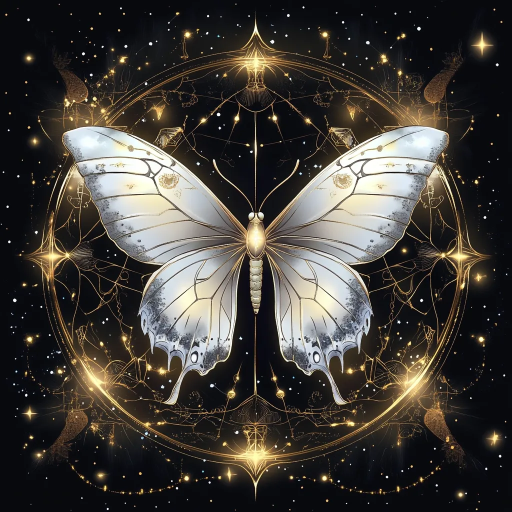 Here's a description of the image:

The artwork depicts a large, ethereal butterfly, predominantly white with subtle grey markings, positioned centrally against a black background strewn with gold stars. The butterfly is framed by a golden, circular celestial-like design, intricately detailed with constellations, glowing points of light, and symbolic imagery reminiscent of astrology or alchemy. The overall aesthetic is mystical and elegant, blending elements of nature and the cosmos. The contrast between the pale butterfly and the dark, glittering background enhances its otherworldly quality.