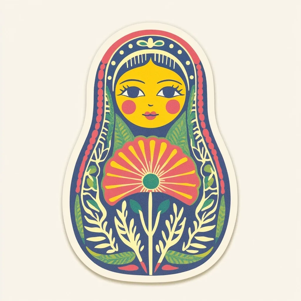 Here's a description of the image:

The image is a stylized illustration of a Matryoshka doll, a traditional Russian nesting doll.  The doll is depicted in a vibrant, folk-art style.  Its dress is a deep blue, adorned with a large, coral-colored flower at its center, surrounded by stylized green leaves and yellow stems. The doll's face is yellow with large eyes, rosy cheeks, and a serene expression. The hair is dark, framed by decorative beads.  The overall design is cheerful and colorful, employing a flat, graphic style with bold outlines and solid colors.