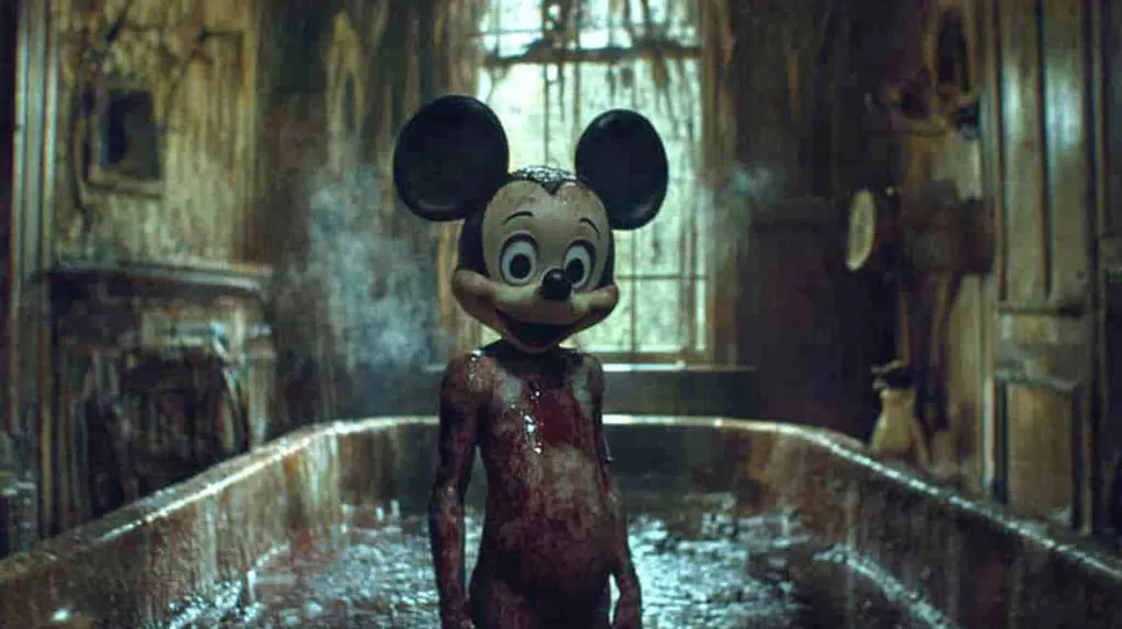 Here's a description of the image:

The image shows a disturbing scene of a figure resembling a bloody, emaciated child wearing a Mickey Mouse mask.  The figure is submerged in a dark, blood-filled bathtub. The setting appears to be a dilapidated, decaying bathroom with a large window showing a gloomy exterior. The overall atmosphere is one of horror and unsettling unease, heightened by the juxtaposition of the innocent Mickey Mouse icon with the grotesque reality of the scene. The color palette is dark and muted, emphasizing the grimness.