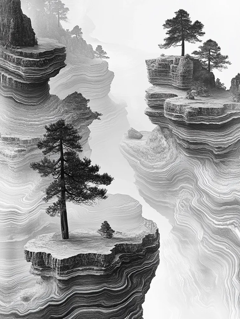 The monochromatic image depicts a surreal landscape of layered rock formations resembling floating islands, some topped with solitary pine trees.  The rocks exhibit a striking, swirling texture, suggesting erosion or sedimentary layers.  A hazy atmosphere permeates the scene, creating a sense of depth and mystery, emphasizing the isolation of the trees perched on their precarious heights. The overall effect is serene yet slightly unsettling, a blend of natural beauty and fantastical imagery.