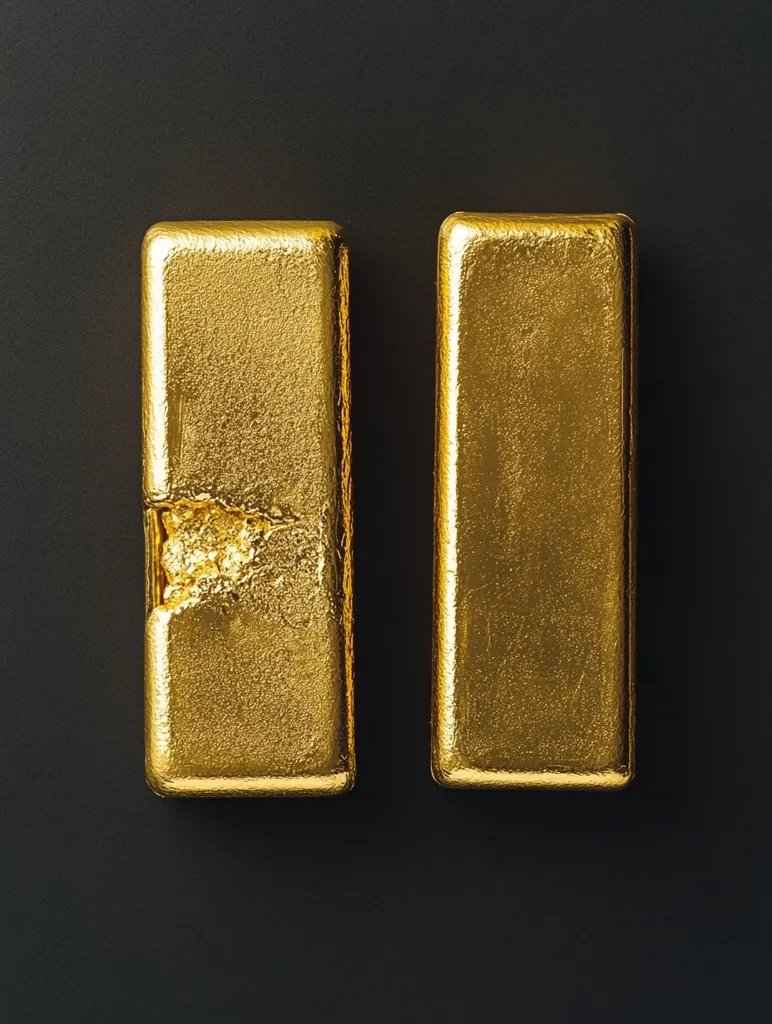 Here's a description of the image:

Two gold bars rest on a dark gray background.  The bars are rectangular and vertically oriented. One bar is pristine and smooth, while the other shows damage or wear along one edge, with a small section seemingly broken or chipped away.  The gold's sheen is evident, reflecting light. The contrast between the damaged and undamaged bars is striking against the simple, dark backdrop.