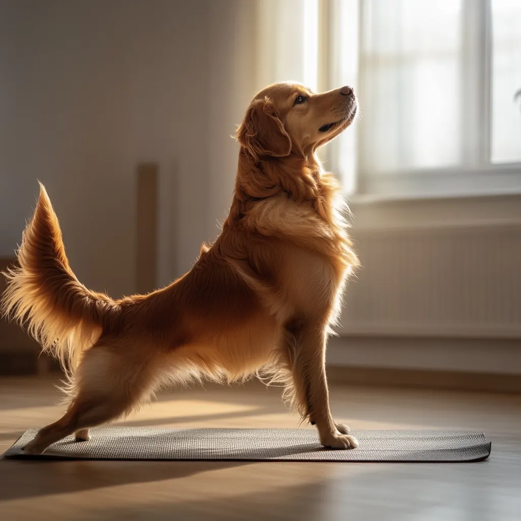 A golden retriever dog performs a yoga pose on a gray mat, bathed in sunlight streaming through a nearby window.  The dog is in a two-legged standing position, its body arched gracefully, tail elegantly curled. Its fur is a rich, golden hue, and its gaze is directed upwards, suggesting serenity or contemplation. The overall scene is peaceful and evokes a sense of calm.