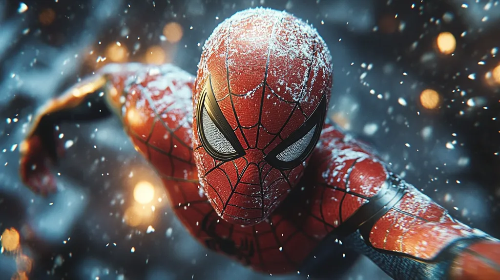 Here's a description of the image:

Close-up view of Spider-Man's masked face and upper body, heavily dusted with snow.  The suit is a vibrant red and black, with gold accents visible along the arms.  The background is blurred, showing a dark nighttime scene with falling snow and bokeh lights suggesting a city at night. The focus is sharply on Spider-Man, creating a dramatic contrast between the superhero and the wintry environment. The overall impression is one of action and a cold, snowy setting.