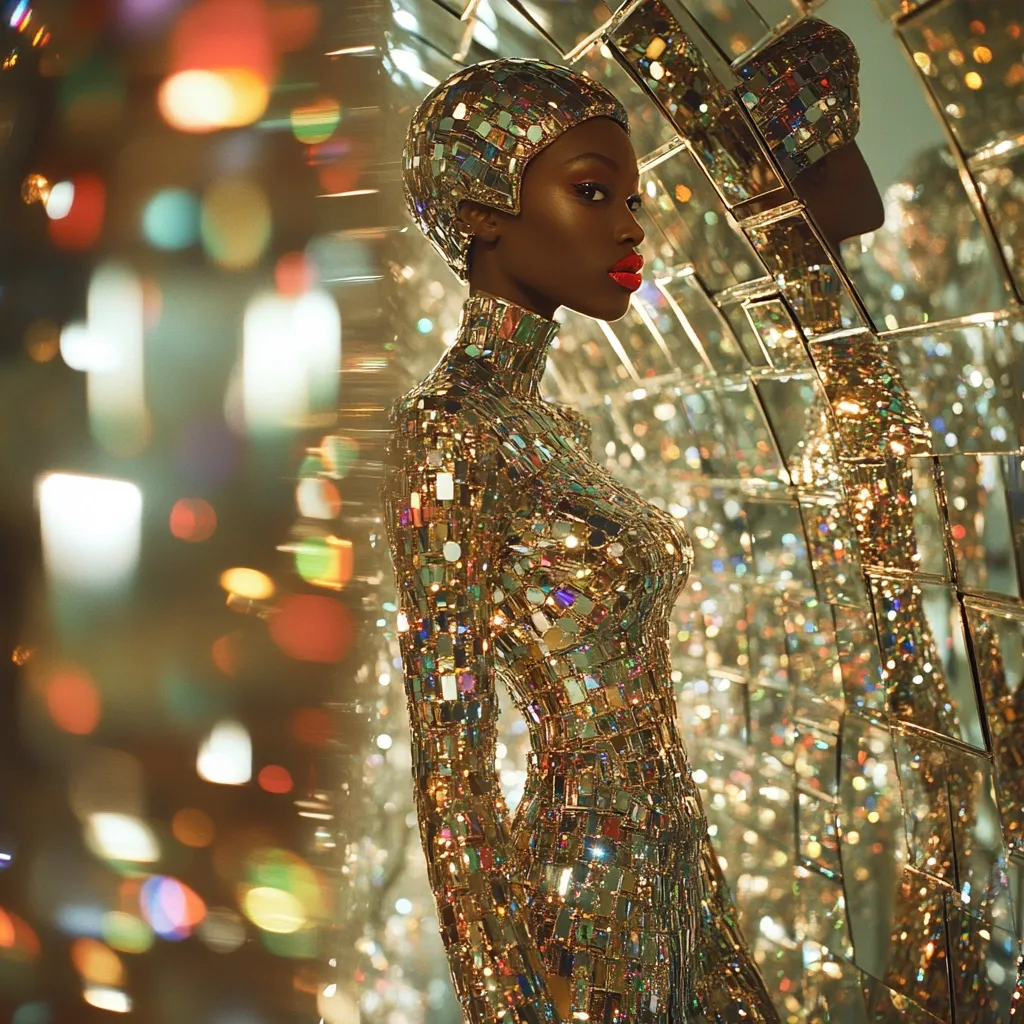 A Black woman, adorned in a shimmering, mosaic-like gold bodysuit and matching headpiece, stands against a backdrop of mirrored tiles.  The gold reflects the surrounding lights, creating a dazzling, disco-ball effect.  Her pose is elegant and poised, her red lips a bold contrast against the metallic outfit.  The overall image evokes a glamorous, futuristic aesthetic, with a strong sense of drama and high fashion.
