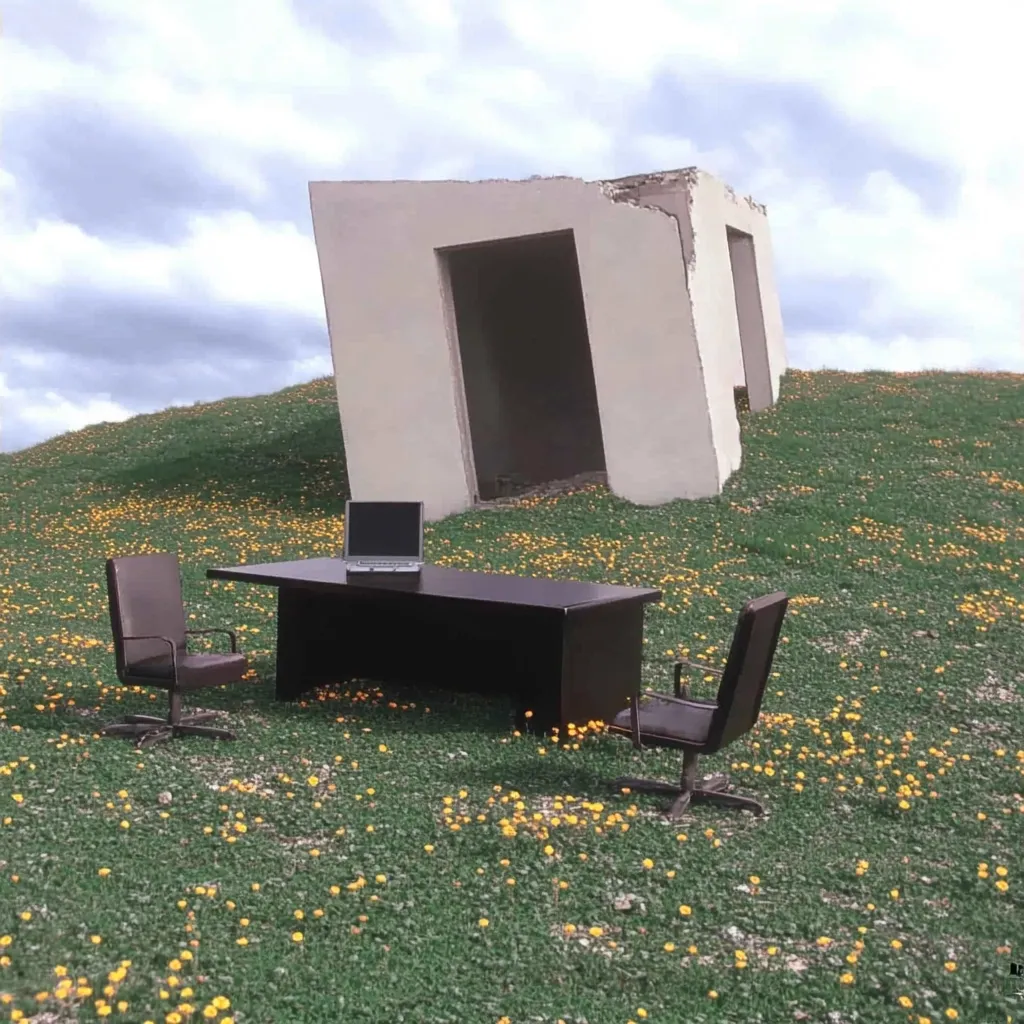 Here's a description of the image:

A dark brown, rectangular office desk sits outdoors on a grassy hill dotted with small yellow flowers. A closed laptop rests on its surface. Two dark brown office chairs flank the desk.  Behind the desk, a section of a dilapidated beige building leans precariously on the hill, its walls cracked and partially collapsed, creating a surreal and unsettling juxtaposition of nature and ruined architecture. The sky is mostly cloudy. The scene suggests instability and possibly abandonment.