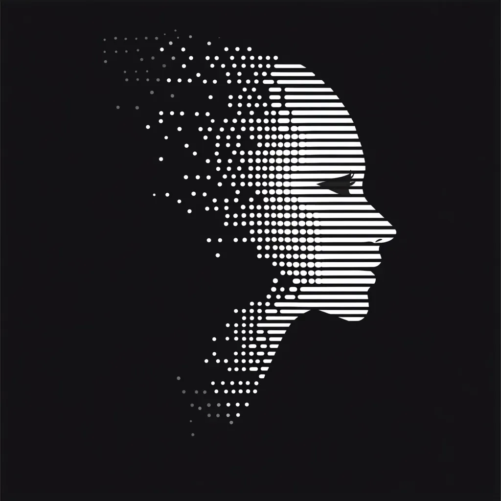 The image is a stylized portrait of a woman's face in profile, rendered in black and white.  The face is constructed from horizontal lines and dots, creating a halftone effect.  The dots gradually disperse, giving the impression of digital disintegration or data streaming. The overall aesthetic is minimalist and modern, suggesting themes of technology, identity, and the ephemeral nature of digital existence.