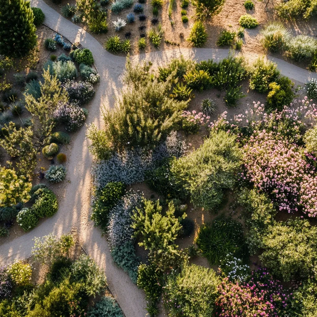 Here is a description of the image:

An aerial view showcases a meticulously designed garden, featuring a network of curving gravel pathways that wind through diverse plantings. The garden displays a rich palette of greens, punctuated by bursts of purple and pink flowering shrubs. Various textures and heights of foliage create visual interest, suggesting a well-established landscape. Sunlight casts shadows across the paths, enhancing the three-dimensionality of the scene. The overall impression is one of serenity and carefully cultivated beauty.