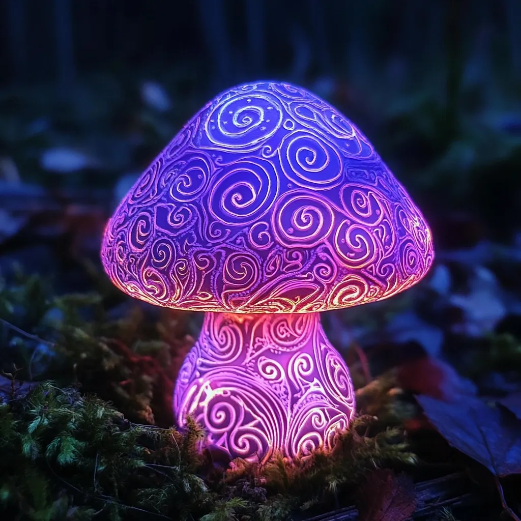 A glowing, intricately designed mushroom illuminates a dark forest floor.  The cap and stem are adorned with swirling, luminescent patterns in shades of purple and pink.  The light emanates from within the mushroom, casting a magical ambiance on the surrounding moss and fallen leaves. The scene evokes a fantasy or fairytale setting. The mushroom appears to be crafted, rather than a naturally occurring fungus.