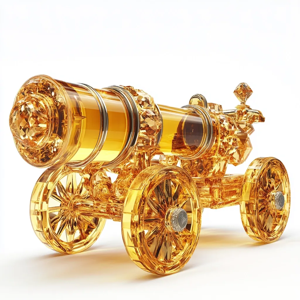 Here's a description of the image:

The image shows a meticulously crafted miniature cannon, seemingly made entirely of amber-colored crystal.  The cannon's barrel, wheels, and carriage are intricately detailed, showcasing a high level of craftsmanship.  Each component is adorned with what appears to be smaller crystal accents, enhancing its opulent appearance. The overall impression is one of luxury and exquisite artistry, suggesting a high-value collectible or decorative piece.  The cannon is positioned on a white background, which accentuates its golden hue.