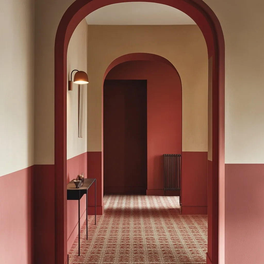 Here's a description of the image:

The image shows a hallway with a sophisticated color scheme.  The walls are a two-toned design; a warm, creamy beige on top transitions into a deep reddish-brown below the halfway point.  Arched doorways frame the hallway, creating a sense of depth.  The floor is covered in a patterned, reddish-brown tile.  A minimalist black metal console table sits against the wall, and a simple wall-mounted lamp casts a soft glow.  The overall style is elegant and modern, with a touch of vintage charm in the tile and archways.