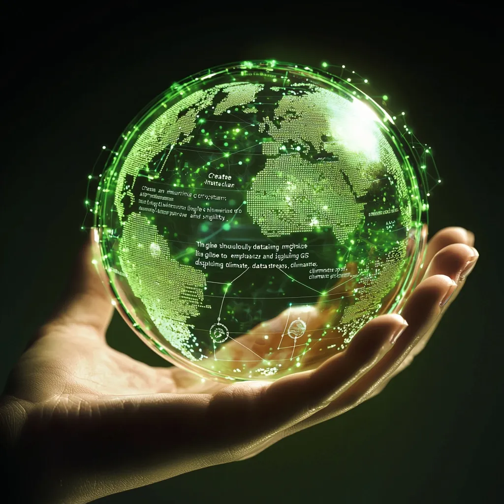 A hand gently cradles a transparent sphere.  Within, a glowing green Earth is depicted, its continents formed from interconnected nodes of light.  Surrounding the globe are ethereal green lines, suggesting data streams.  Text within the sphere, partially obscured, seems to reference climate data and the creation of a digital interface. The image conveys a futuristic concept of visualizing and analyzing global climate information.