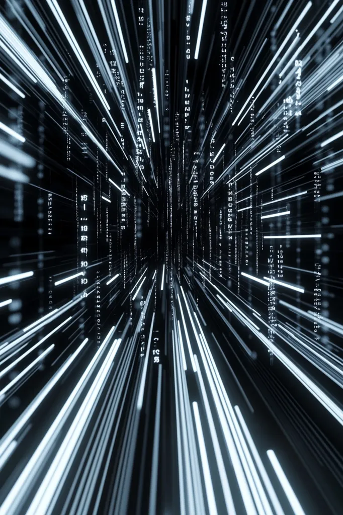 The image depicts a digital tunnel effect.  Bright white lines, resembling streams of data, converge towards a vanishing point in the distance.  These lines are overlaid with faint, falling strings of alphanumeric characters, suggesting a flow of digital information. The overall aesthetic is dark and futuristic, evoking a sense of speed and technological advancement within a boundless digital space.
