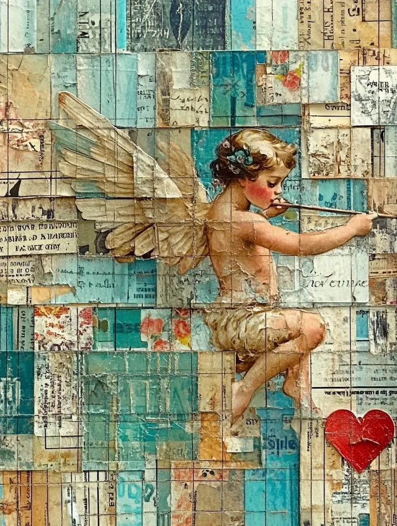 A cherubic angel, wings crafted from aged paper fragments, sits perched atop a grid of vintage ephemera.  The angel, holding a bow and arrow, gazes intently.  The artwork’s collage style incorporates faded receipts, letters, and maps in muted blues and creams. A distressed red heart lies near the angel's feet, adding a poignant element to the layered composition. The overall aesthetic is antique, melancholic, and subtly romantic.