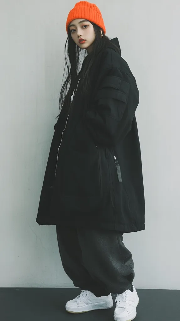 A young woman with long black hair wears a bright orange beanie and an oversized black hooded coat. The coat is long, reaching her mid-calf, and features large pockets. She's wearing dark grey, loose-fitting pants and white sneakers.  The overall style is relaxed and slightly edgy, with a monochrome color palette punctuated by the vibrant beanie. The background is a simple, light grey wall.