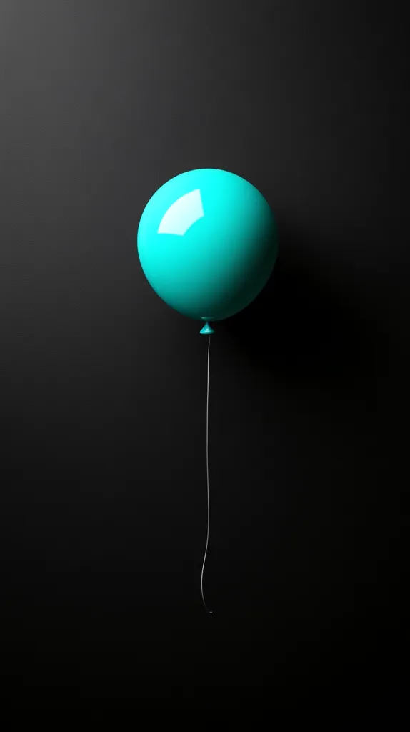 A vibrant teal balloon floats against a stark black background.  The balloon is perfectly round and glossy, reflecting a subtle sheen.  A thin, white string dangles from its base, extending nearly to the bottom of the frame. The simple composition emphasizes the balloon's color and form, creating a minimalist and visually striking image. The contrast between the bright balloon and dark background is dramatic and eye-catching.