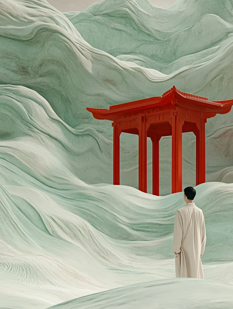 A person in a long beige coat stands before a surreal landscape.  Rolling, pale green hills, reminiscent of sculpted fabric, dominate the scene.  A vibrant red, traditional Chinese-style pavilion sits atop one of these hills, appearing small in the vastness of the undulating terrain. The overall aesthetic blends minimalist design with elements of East Asian architecture and a dreamlike atmosphere. The contrast between the muted greens and the bold red creates a visually striking image.