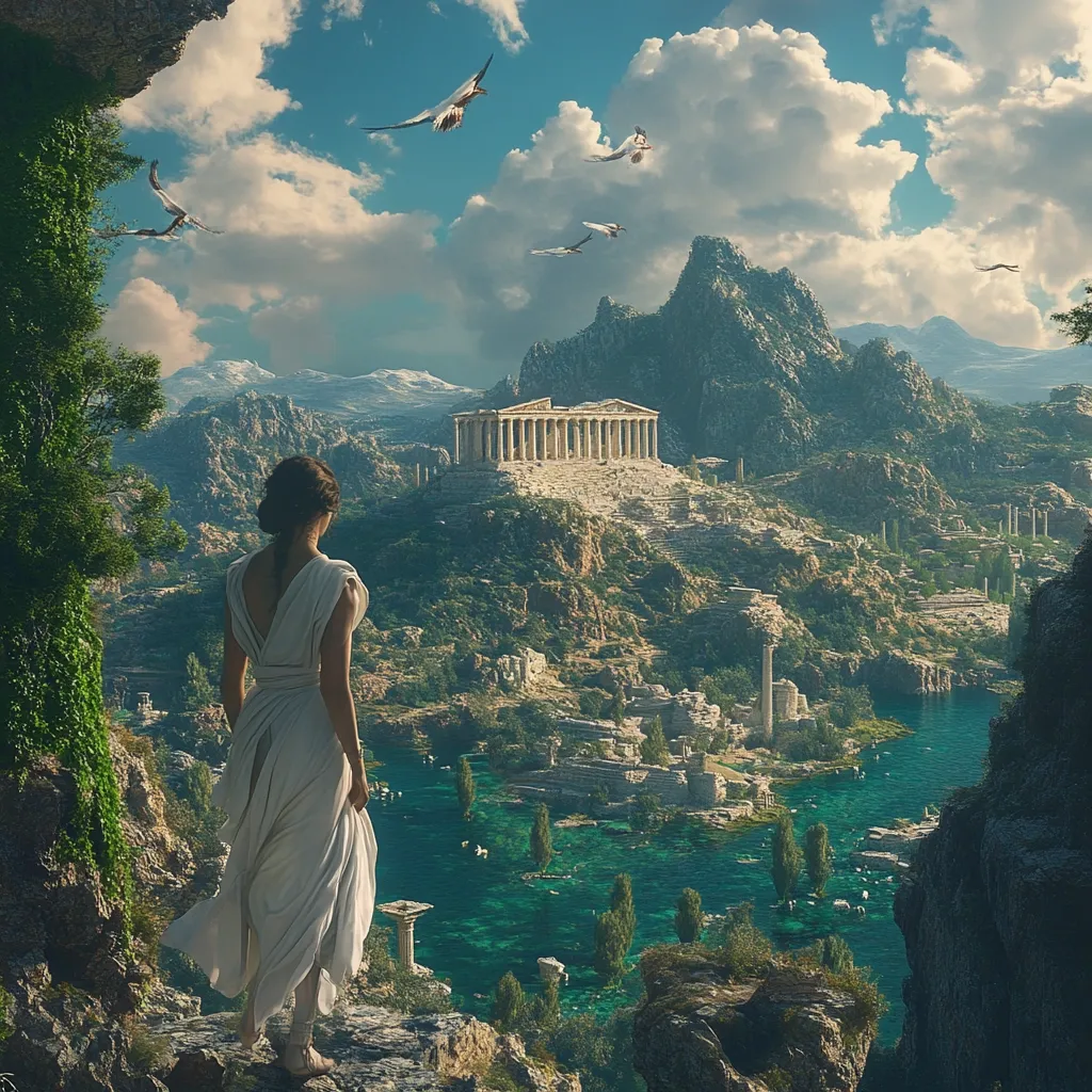 A woman in a flowing white gown stands on a cliff overlooking a breathtaking, idyllic landscape.  A magnificent temple, reminiscent of ancient Greece, sits atop a hill, surrounded by a sprawling city nestled beside a vibrant turquoise lake.  Birds soar across a bright, cloudy sky, completing the serene and almost mythical scene.  The overall impression is one of beauty, tranquility, and a timeless, perhaps fantastical, setting.