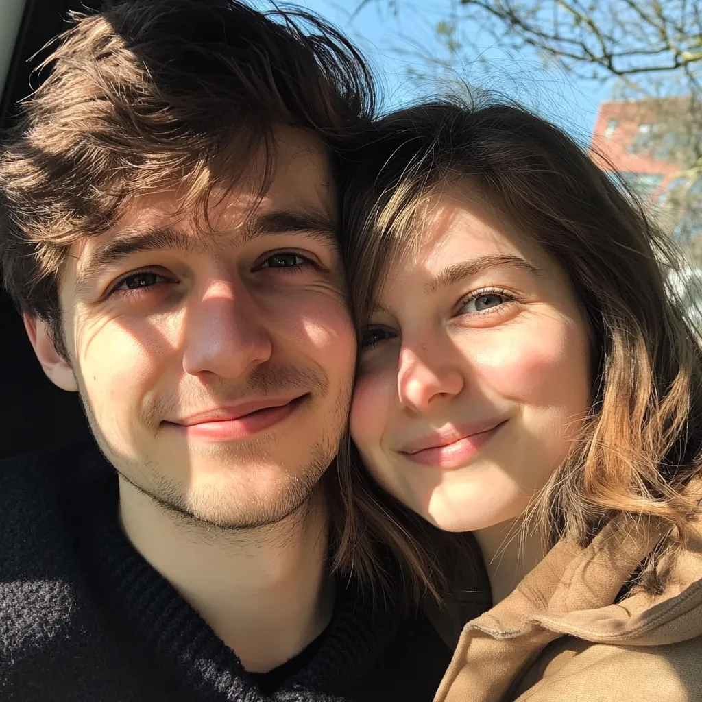 Here's a description of the image:

A close-up selfie shows a young couple embracing. The man, with slightly tousled brown hair, has a gentle smile. His skin is lightly tanned, and the sunlight casts shadows across his face. The woman, with long, light brown hair, rests her head on his shoulder, also smiling softly. Her skin is fair, and she wears a tan-colored jacket.  They appear happy and comfortable together, creating an intimate and affectionate scene. The background is slightly blurred but shows a sunny day with trees and a building in the distance.