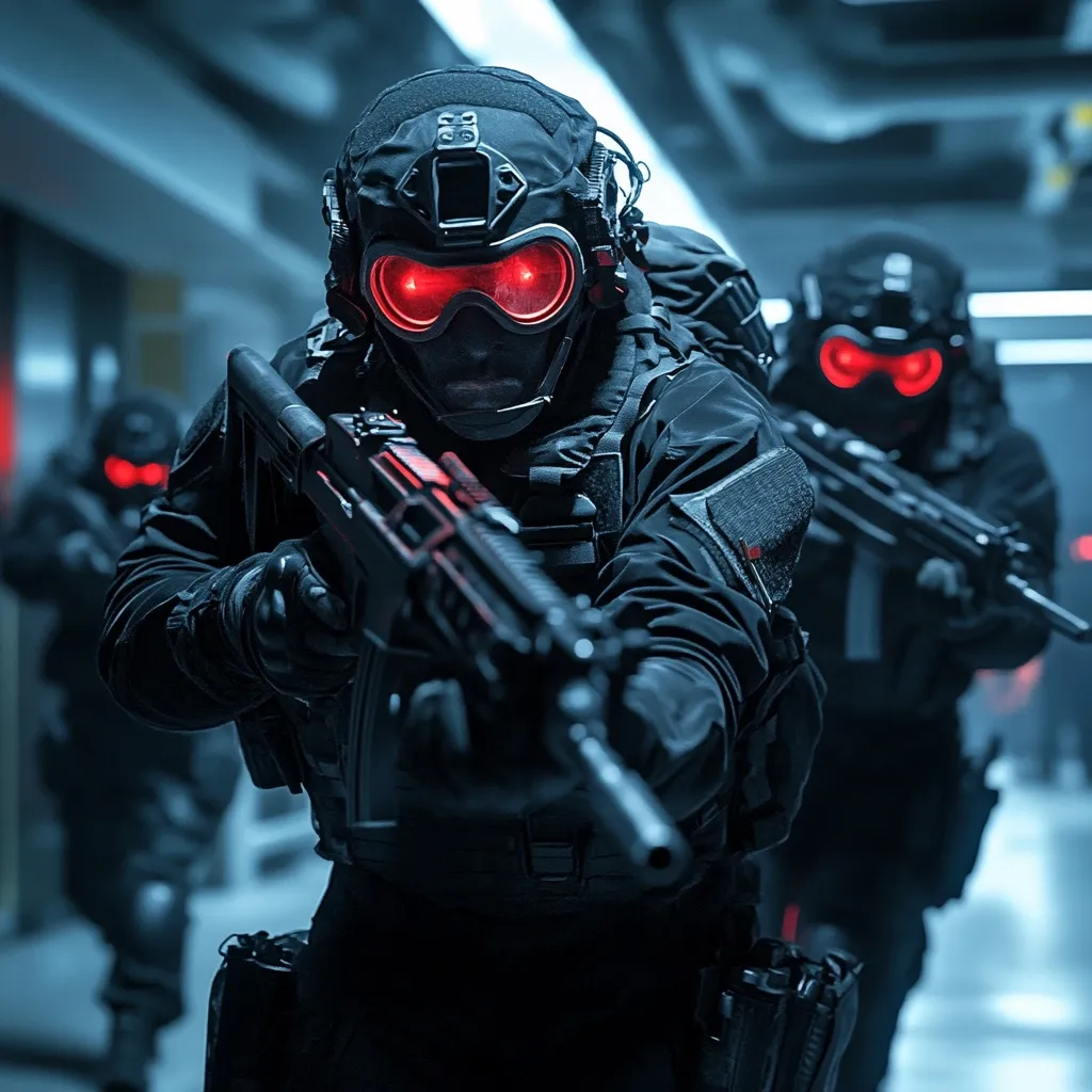 The image depicts a squad of three heavily armed soldiers in tactical gear advancing through a futuristic corridor.  The foreground soldier, wielding an assault rifle, dominates the frame, his face obscured by a black balaclava and goggles with glowing red lenses.  The other soldiers, similarly equipped, follow closely behind. The overall tone is dark and intense, suggestive of a high-stakes military or combat operation. The setting's cold, metallic aesthetic amplifies the atmosphere of tension and urgency.