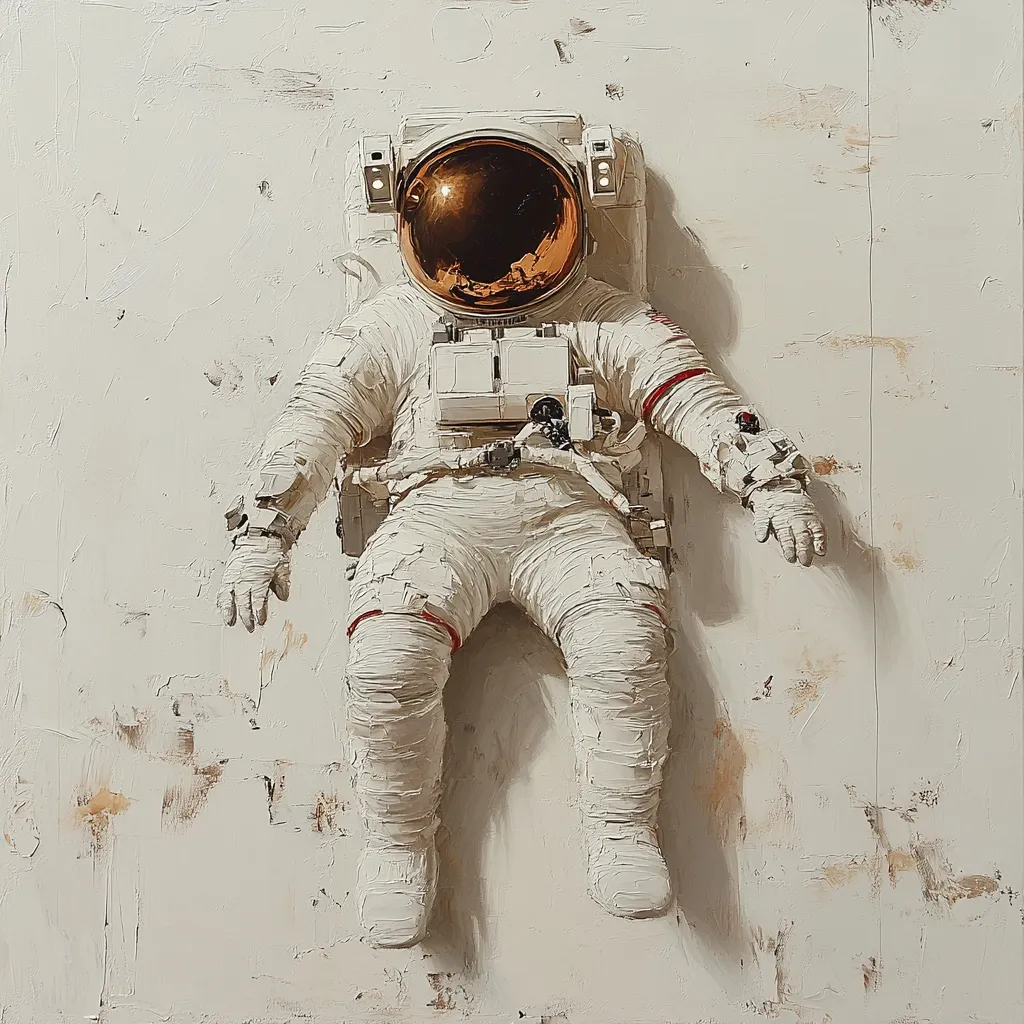 Here's a description of the image:

The artwork depicts a meticulously rendered astronaut, seemingly adrift in space.  The spacesuit is predominantly off-white, with textural brushstrokes giving it a three-dimensional, almost sculpted quality. The helmet's golden visor reflects light, adding a touch of warmth to the otherwise stark palette. The astronaut is presented in a relaxed, supine position against a textured off-white background, which resembles a weathered wall or lunar surface. The overall impression is one of isolation and contemplation within a vast, unknown expanse. The style is realist, employing a painterly technique that emphasizes texture and form.
