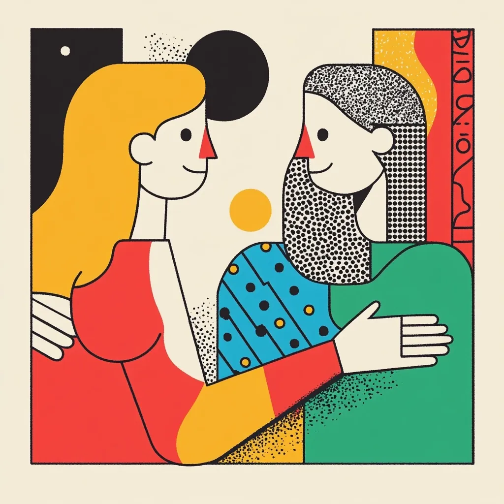 Here's a description of the image:

The illustration showcases a stylized depiction of two individuals embracing. The woman, with long blonde hair, wears a red dress, while the man, sporting a textured dark beard and hair, is in teal attire. Their bodies are rendered in bold, geometric shapes and vibrant colors, contrasted by speckled textures and abstract background elements like circles and rectangles. The style is reminiscent of mid-century modern design, featuring strong lines and a bold color palette. The overall mood is one of affection and connection.
