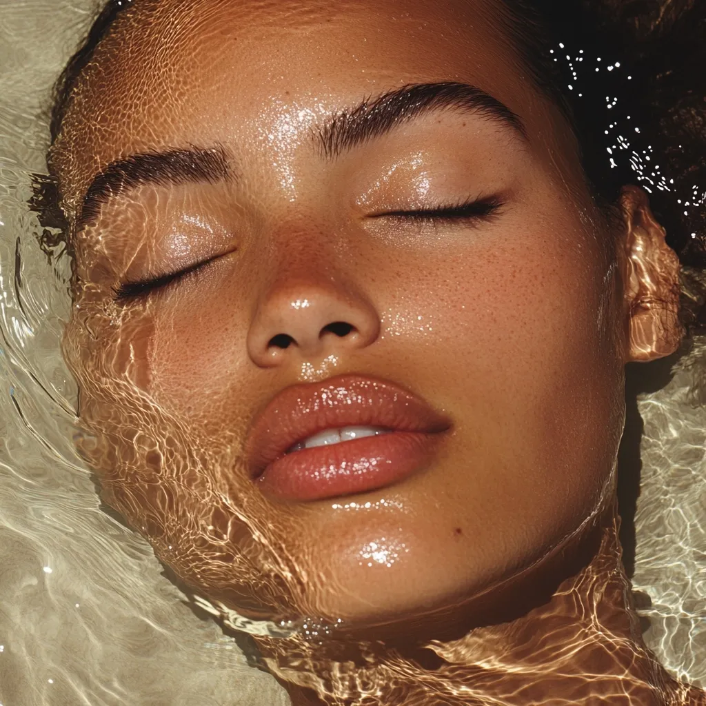 Here's a description of the image:

Close-up view of a woman's face submerged in water. Her eyes are closed, and her skin is glistening with moisture, appearing smooth and sun-kissed.  The water distorts the image slightly, creating a rippling effect around her features.  Her lips are full and a natural, glossy color.  The overall impression is one of serene beauty and natural radiance. The lighting suggests it is likely outdoors, with natural sunlight illuminating her face.