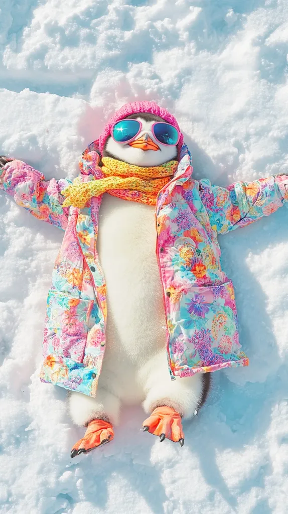 Here's a description of the image:

A penguin, dressed in a vibrant, floral-print snowsuit, pink hat, and blue sunglasses, lies on its back in the snow.  Its arms are spread wide, as if making a snow angel. The snow is bright white, providing a stark contrast to the penguin's colorful attire. The overall impression is one of playful whimsy and winter fun. The penguin appears relaxed and content in its snowy setting.