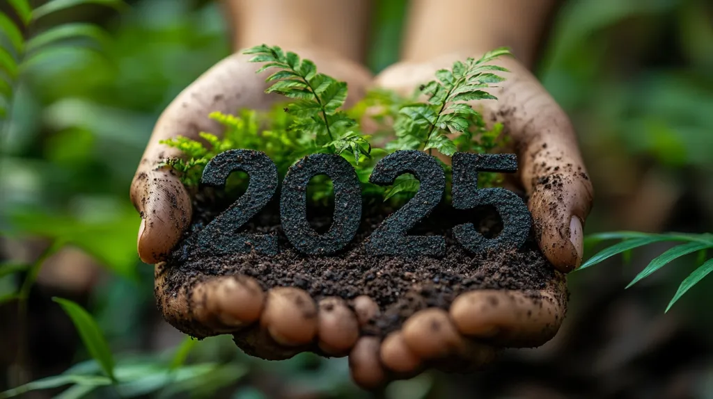 Two hands, cupped together, gently hold dark soil.  Embedded in the soil are the numbers "2025," signifying a year.  Small green ferns sprout from the soil, nestled amongst the numbers. The scene is set against a blurred backdrop of lush green foliage, suggesting a natural, outdoor setting.  The image conveys a message of environmentalism and growth, perhaps related to sustainability goals for the year 2025.