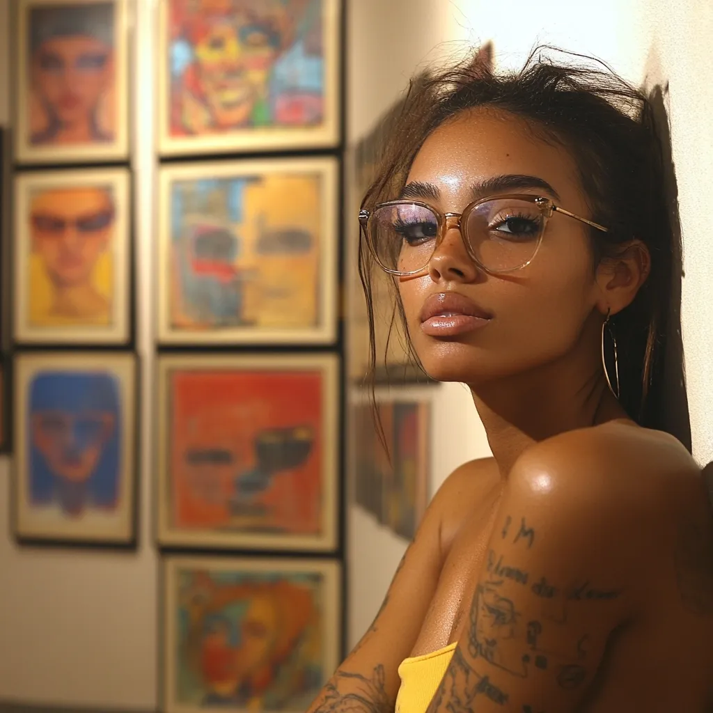 A tan-skinned woman with dark hair and large, round glasses leans against a wall in an art gallery.  She's subtly smiling, her gaze directed toward the viewer. The gallery wall behind her features a series of framed, abstract paintings, predominantly featuring faces in warm colors. Her shoulder and arm display several small tattoos. The overall mood is one of quiet confidence and artistic appreciation.