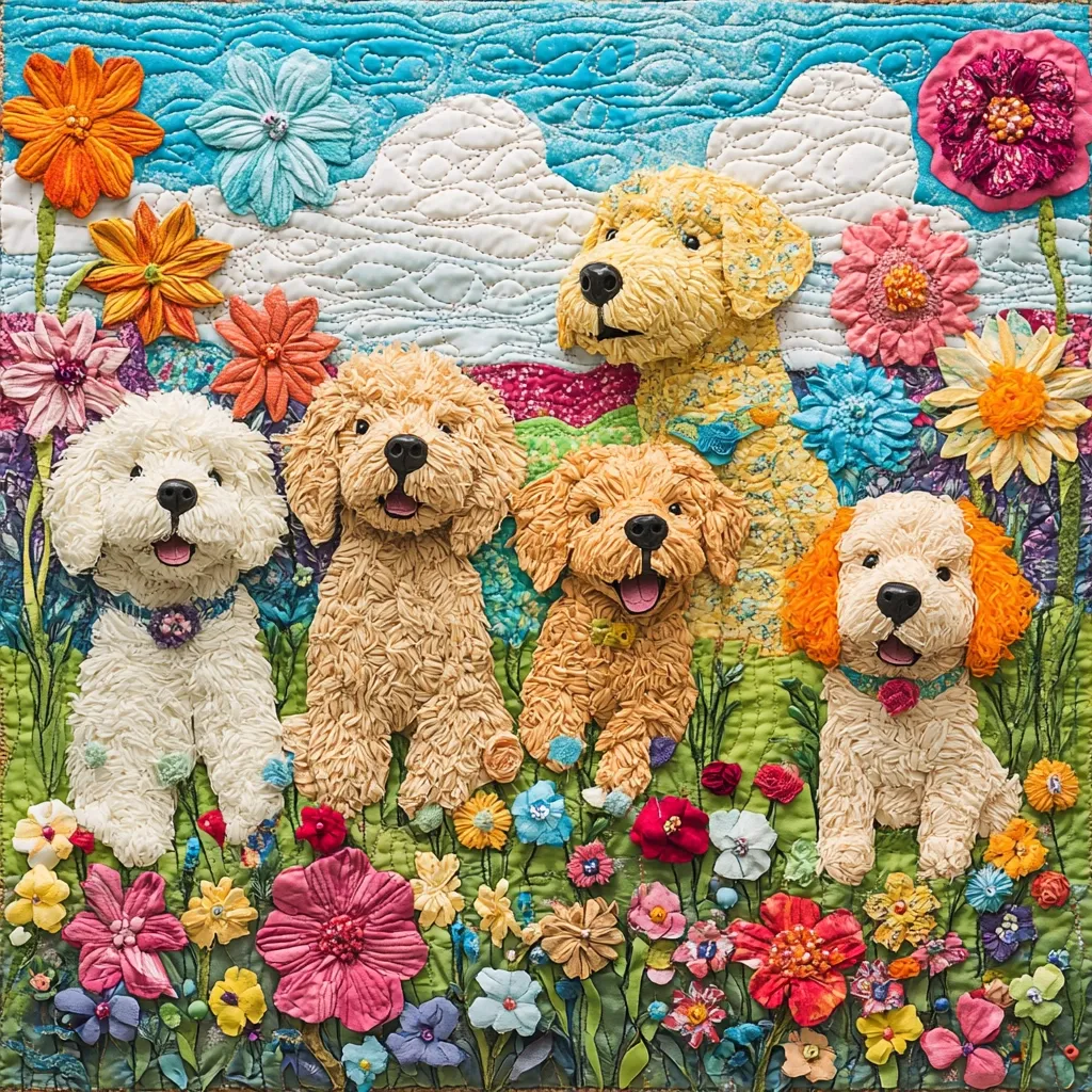 A vibrant quilted artwork depicts four fluffy dogs sitting amidst a profusion of colorful flowers.  The dogs, in shades of cream and gold, appear to be various breeds of poodle. They are rendered in a textured, almost 3D style, contrasting with the flat, fabric flowers. The background is a cheerful blue sky with fluffy white clouds, adding to the whimsical and joyful nature of the piece. The overall effect is charming and detailed, showcasing meticulous craftsmanship.