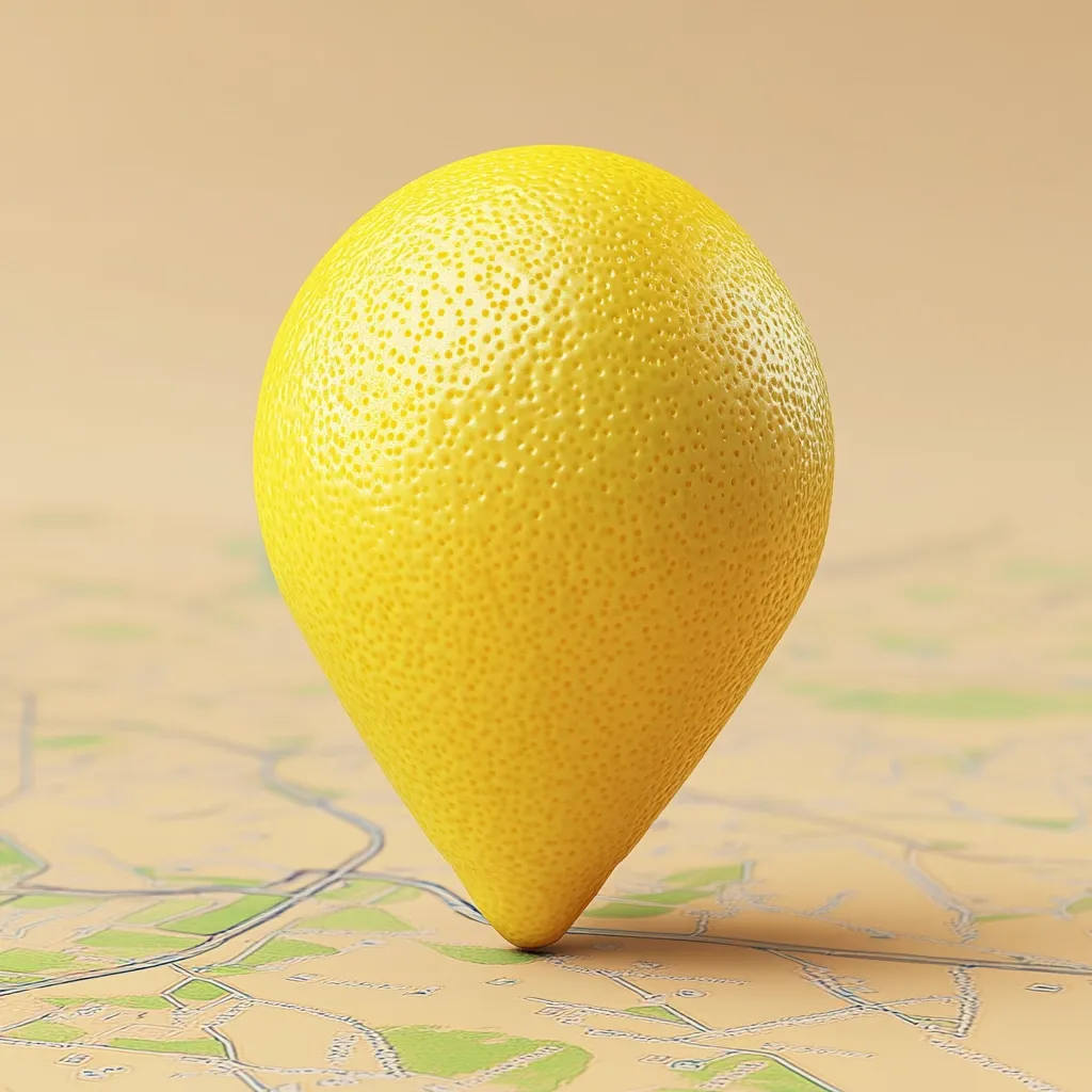 Here's a description of the image:

The image shows a bright yellow lemon-shaped object positioned like a map marker on a partially visible city map. The lemon is highly detailed, showing the texture of the lemon peel.  The map underneath is muted in color, providing a contrast to the vibrant yellow of the lemon. The background is a soft, neutral beige. The overall impression is one of playful creativity, using a common object in an unexpected way.