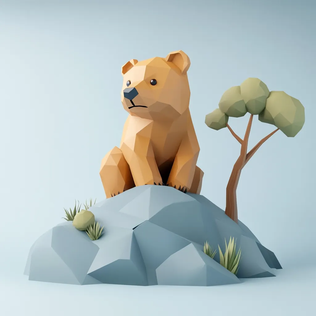 Here's a description of the image:

A low-poly, cubist-style rendering depicts a light brown bear cub sitting atop a gray, angular rock formation.  The cub is rendered in a simplified, geometric fashion, with visible facets.  Beside the rock, a small, similarly stylized tree stands, its leaves and trunk formed from geometric shapes. The scene is set against a light blue background, creating a clean, minimalist aesthetic.  Small clumps of low-poly grass are scattered around the base of the rock. The overall style is playful yet sophisticated.