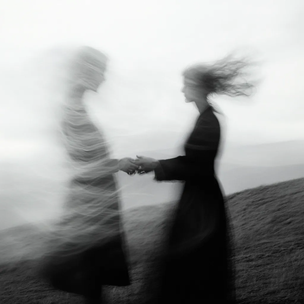 A black and white, motion-blurred photograph depicts two figures, seemingly female, holding hands on a hillside.  One figure is dressed in a dark, flowing garment, while the other is more translucent and ethereal. The wind whips through the hair of the darker figure. The overall effect is one of mystery and fleeting connection, with the blurred motion creating a dreamlike atmosphere.  The background is a hazy landscape under a muted sky.