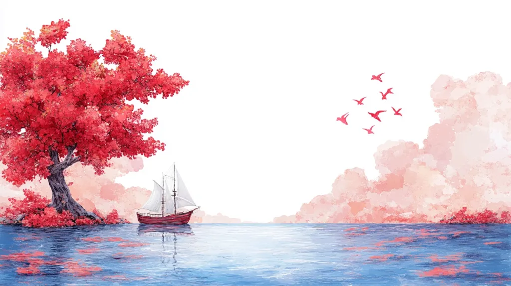 A serene watercolor painting depicts a tranquil seascape. A vibrant red tree stands on the left shore, its branches reaching towards a pale pink sky filled with softly rendered clouds.  A small, red-hulled sailboat rests on the calm blue water, its white sails catching the light. A flock of small, red birds flies in the upper right, adding a touch of movement to the peaceful scene. The overall style is dreamlike and peaceful.