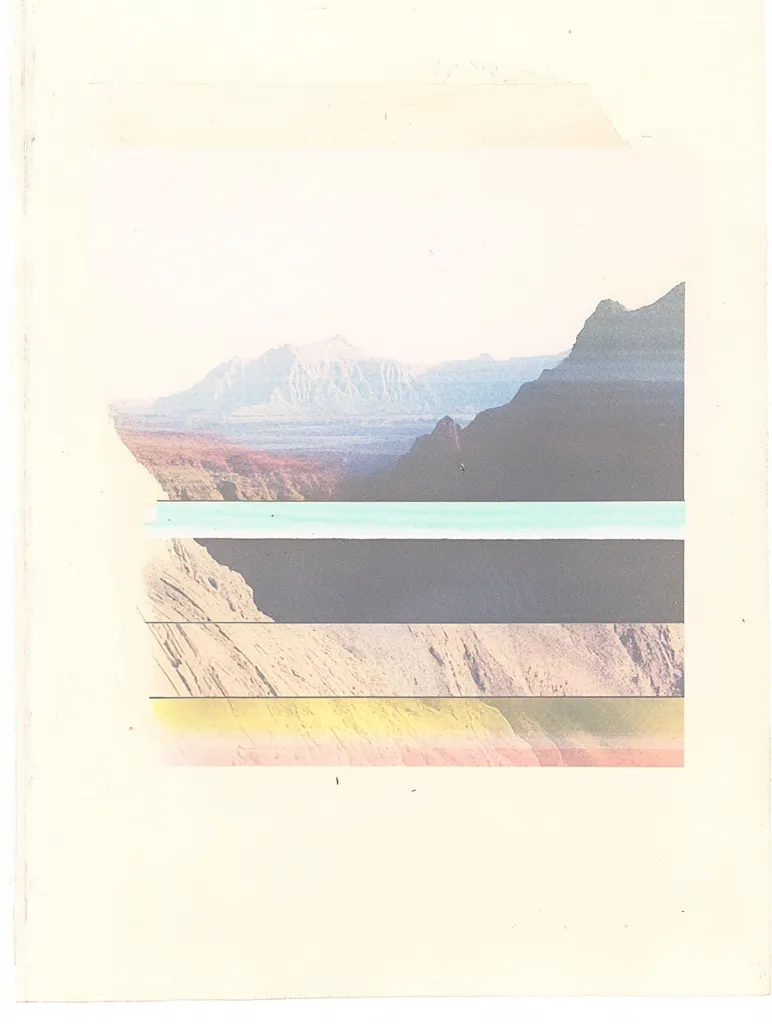 Here's a description of the image:

The image is a stylized depiction of a mountain range, presented in a collage-like manner. The mountains are rendered in muted pastel tones of blues, pinks, and yellows, giving it a dreamy, almost ethereal feel. The mountains are segmented horizontally by thin, pale lines, creating a layered effect.  The overall aesthetic is soft and muted, suggestive of a vintage or faded photograph.  The background is a pale cream or off-white, contributing to the image's vintage, dreamlike quality.  The style is reminiscent of abstract landscape art or a manipulated photograph.