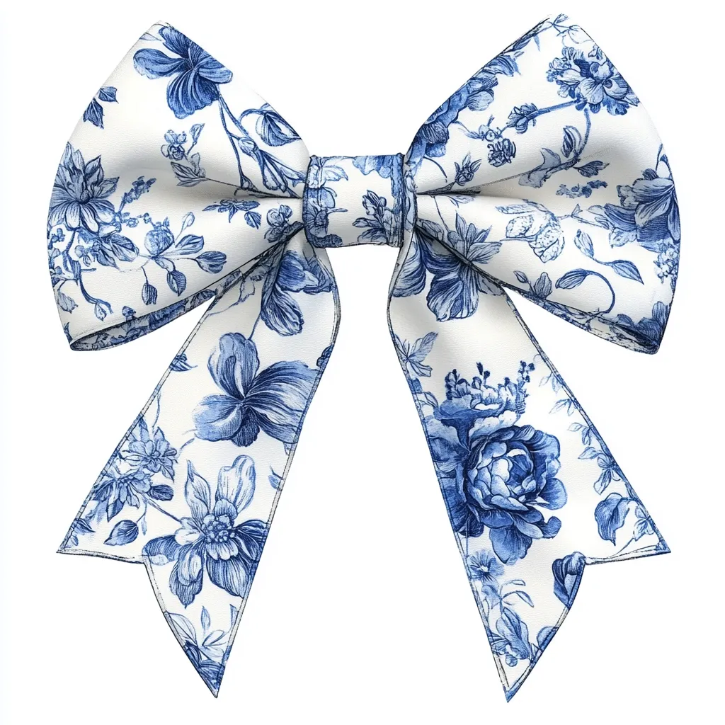 Here's a description of the image:

The image shows a large, elegant bow crafted from white fabric adorned with a repeating pattern of blue floral designs. The style evokes a toile or chinoiserie aesthetic.  The bow is tied with long, pointed tails that extend below the central knot, mirroring the floral print of the main bow section.  The fabric appears smooth and lustrous, suggesting a high-quality material like satin or silk. The bow is presented against a stark white background, making its intricate details stand out clearly.