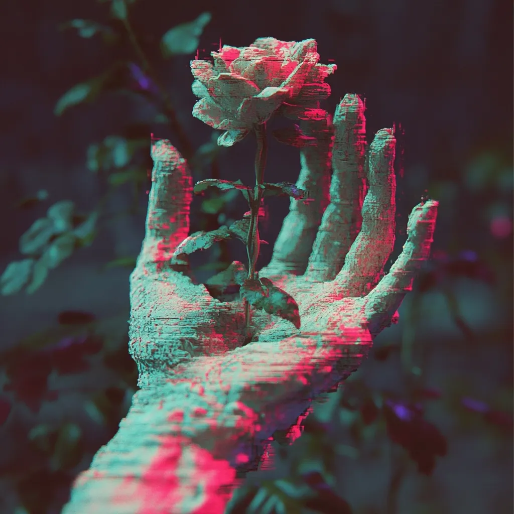 A stylized image depicts a large, textured hand, seemingly sculpted from stone or a similar material, gently cradling a single rose. The hand and rose are rendered in a vibrant, glitch-like effect, with teal and fuchsia hues dominating. The background is a blurred yet detailed depiction of foliage, creating a contrast between the artificial and natural worlds.  The overall aesthetic is surreal and slightly melancholic, suggesting themes of fragility and the juxtaposition of life and decay.