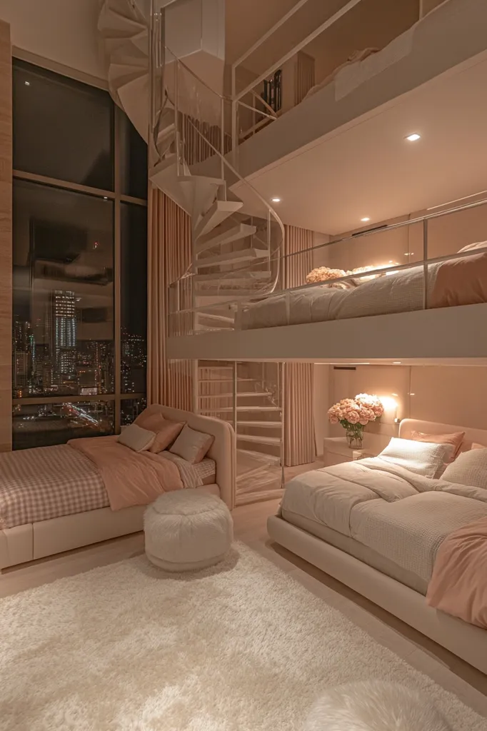Here's a description of the image:

The image shows a luxuriously appointed bedroom with a loft.  Soft, warm lighting illuminates two beds: one on the main floor and a smaller one on a loft level reached by a glass and metal spiral staircase.  Both beds are made with light pink and white linens.  The overall color palette is calming and neutral, with plush, light-colored rugs and creamy walls.  Large windows overlook a nighttime city vista, adding a touch of sophistication. A fluffy, white ottoman sits near the main bed, completing the serene and elegant atmosphere.  Roses in a vase are placed on a side table between the beds, adding a feminine touch.