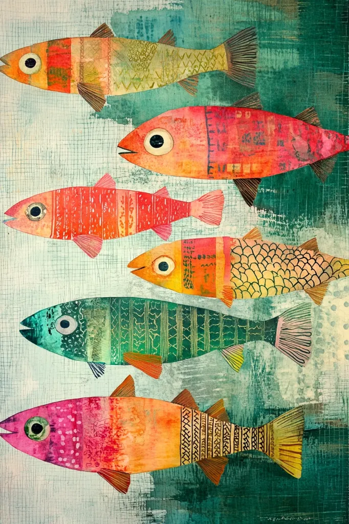 Here's a description of the image:

The artwork depicts six stylized fish swimming in a vertical arrangement.  Each fish is rendered in vibrant, layered colors, predominantly oranges, reds, greens, and pinks, with textured patterns adorning their scales. The fish have large, expressive eyes. The background features a textured, mottled turquoise and green wash, suggesting water, overlaid with a subtle grid pattern.  The style is reminiscent of folk art or naive painting, with a slightly whimsical and decorative feel.  The overall effect is joyful and colorful.