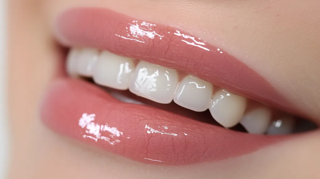 Close-up view of a woman's mouth, showcasing a radiant smile and glossy lips.  The lips are a soft, rosy mauve shade with a noticeable high-shine lip gloss.  The teeth are bright white and evenly spaced, contributing to the overall impression of healthy and beautiful features. The skin appears smooth and flawless.  The image is focused sharply on the lips and teeth, creating a visually appealing and potentially promotional image.