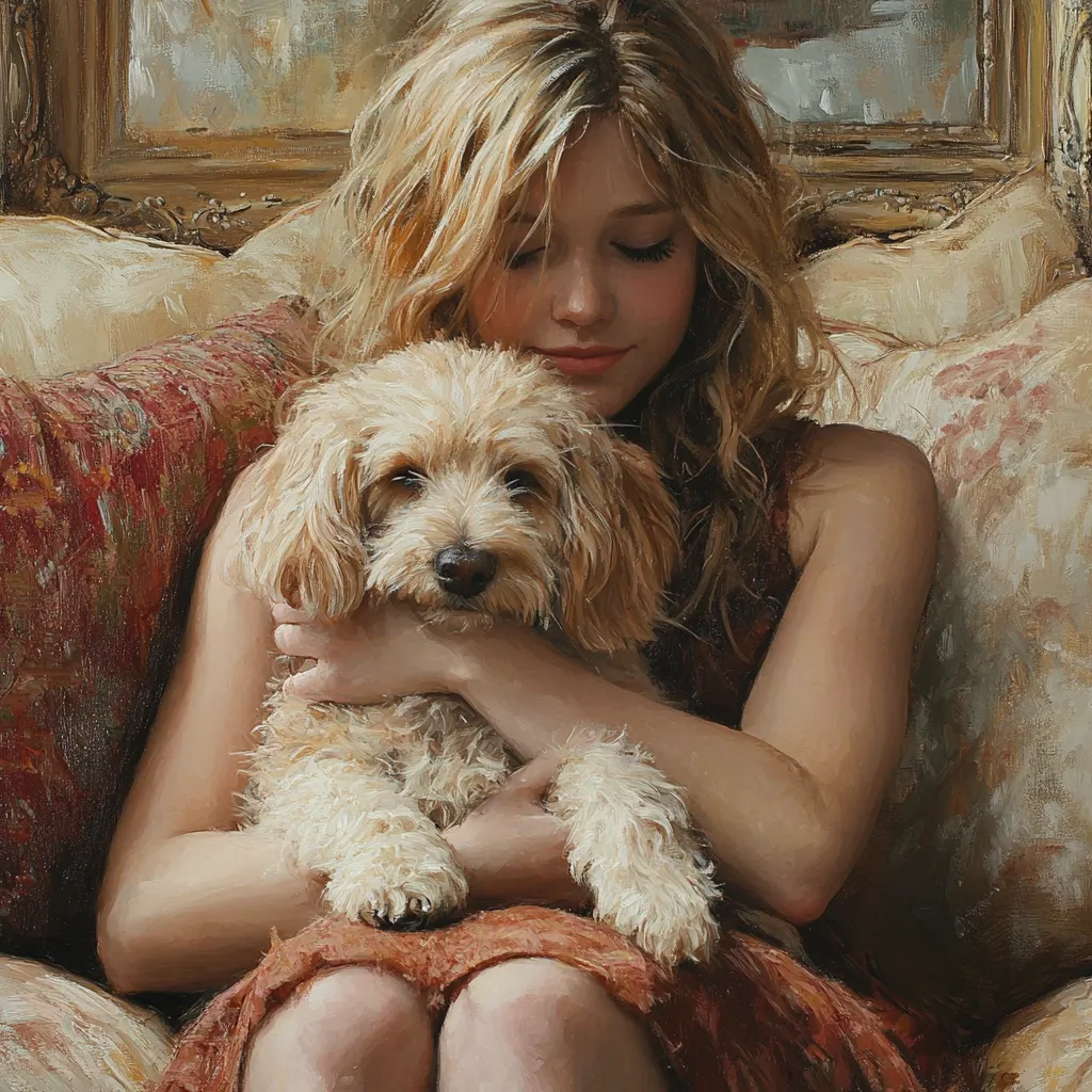 The painting depicts a young woman with long blonde hair, seated on a plush, ornate chair.  She cradles a fluffy, light-brown dog in her arms, her eyes gently closed, suggesting a serene and affectionate moment. The woman wears a rust-colored dress, and the overall palette of the painting is warm and muted, emphasizing the intimacy of the scene.  The background features a softly lit antique mirror and patterned cushions, adding to the feeling of comfort and quietude.