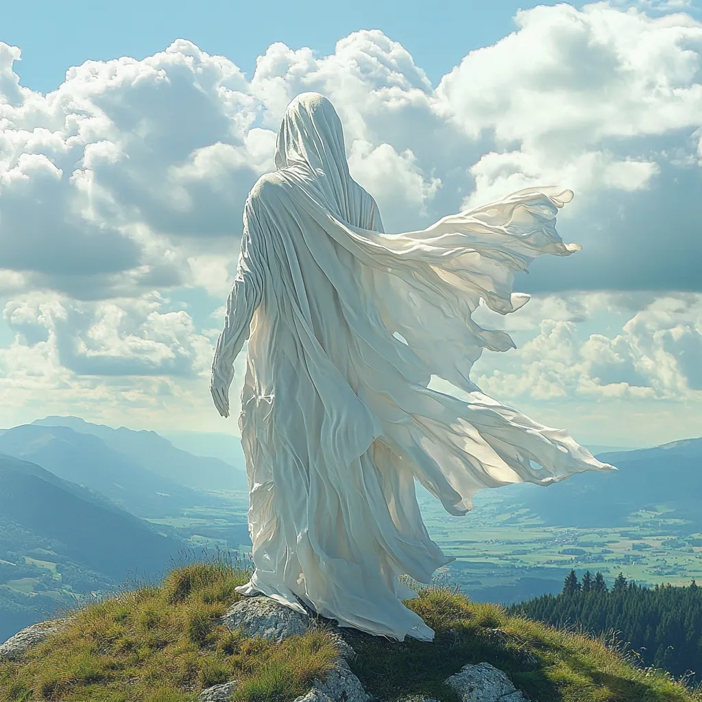 Here's a description of the image:

A breathtaking panoramic view unfolds from a mountaintop, showcasing rolling hills and valleys stretching to the horizon under a sky of fluffy white clouds.  Dominating the foreground is a striking statue, seemingly cloaked in a long, flowing white robe that billows dramatically in an unseen wind. The figure is positioned with its back to the viewer, gazing out at the expansive landscape. The overall impression is one of serenity and ethereal beauty, suggesting themes of contemplation, freedom, or spiritual transcendence.