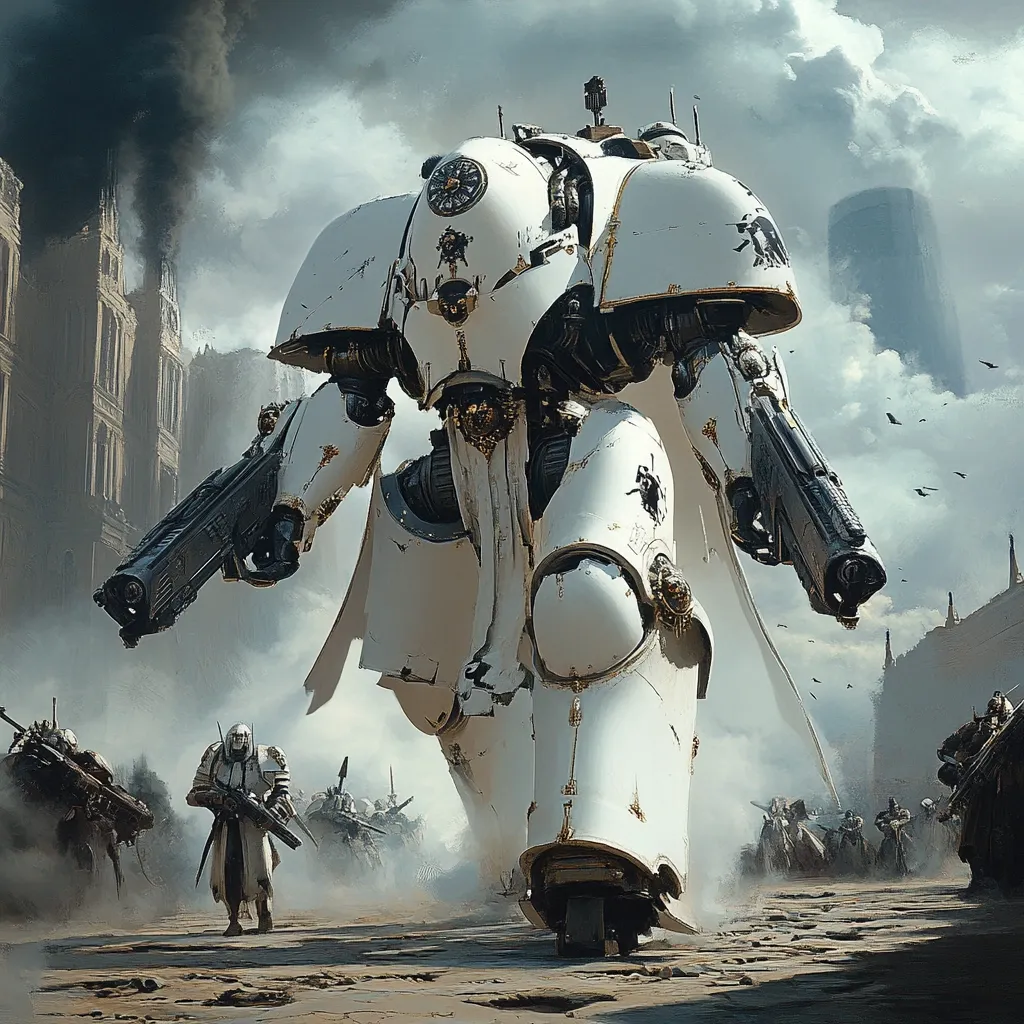 A colossal, white knight-like mecha dominates the foreground, its ornate details and imposing weaponry suggesting immense power.  It strides through a city under a clouded sky, a group of smaller, armored figures following in its wake.  The scene is one of both technological advancement and a possible conflict, as smoke rises in the background.  The mecha's size dwarfs the buildings and soldiers, highlighting its strength and importance. The overall aesthetic blends steampunk and military elements.
