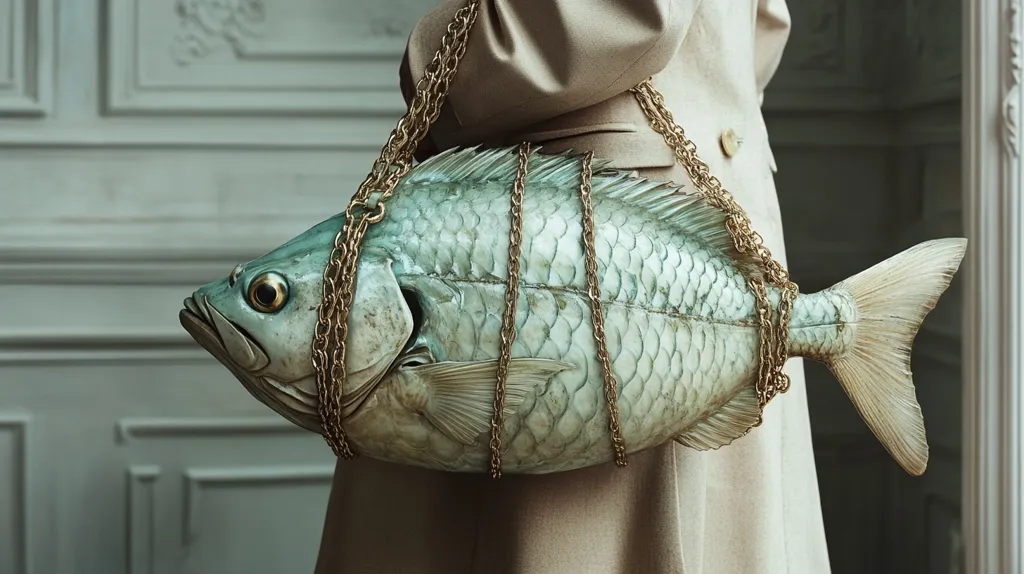A person in a beige coat carries an unusual handbag. The bag is shaped like a large, light-green fish, complete with scales, fins, and eyes.  It's secured with a gold chain strap that wraps around the fish's body. The contrast between the elegant coat and the quirky fish-shaped bag creates a striking and surreal image. The background features a pale, ornate wall.