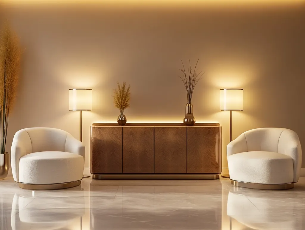 Here's a description of the image:

The image showcases a stylish and modern living space. Two plush, off-white armchairs flank a sleek, mid-century modern sideboard with a light wood veneer.  Floor lamps with linen shades stand on either side, casting a warm, ambient glow.  Dried floral arrangements add subtle texture and height.  The room is bathed in a soft, neutral light, highlighting the clean lines and luxurious materials. The polished floor reflects the furnishings, creating a sense of spaciousness and elegance. The overall aesthetic is sophisticated and calming.