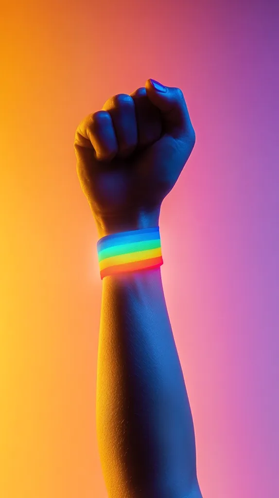 Here's a description of the image:

Close-up view of a person's arm raised in a fist, lit dramatically against a gradient background of orange and pink.  The arm is partially illuminated, showing a contrast between warm and cool tones.  A vibrant rainbow-colored wristband, symbolic of LGBTQ+ pride, is worn around the wrist. The image powerfully conveys themes of pride, activism, and solidarity.