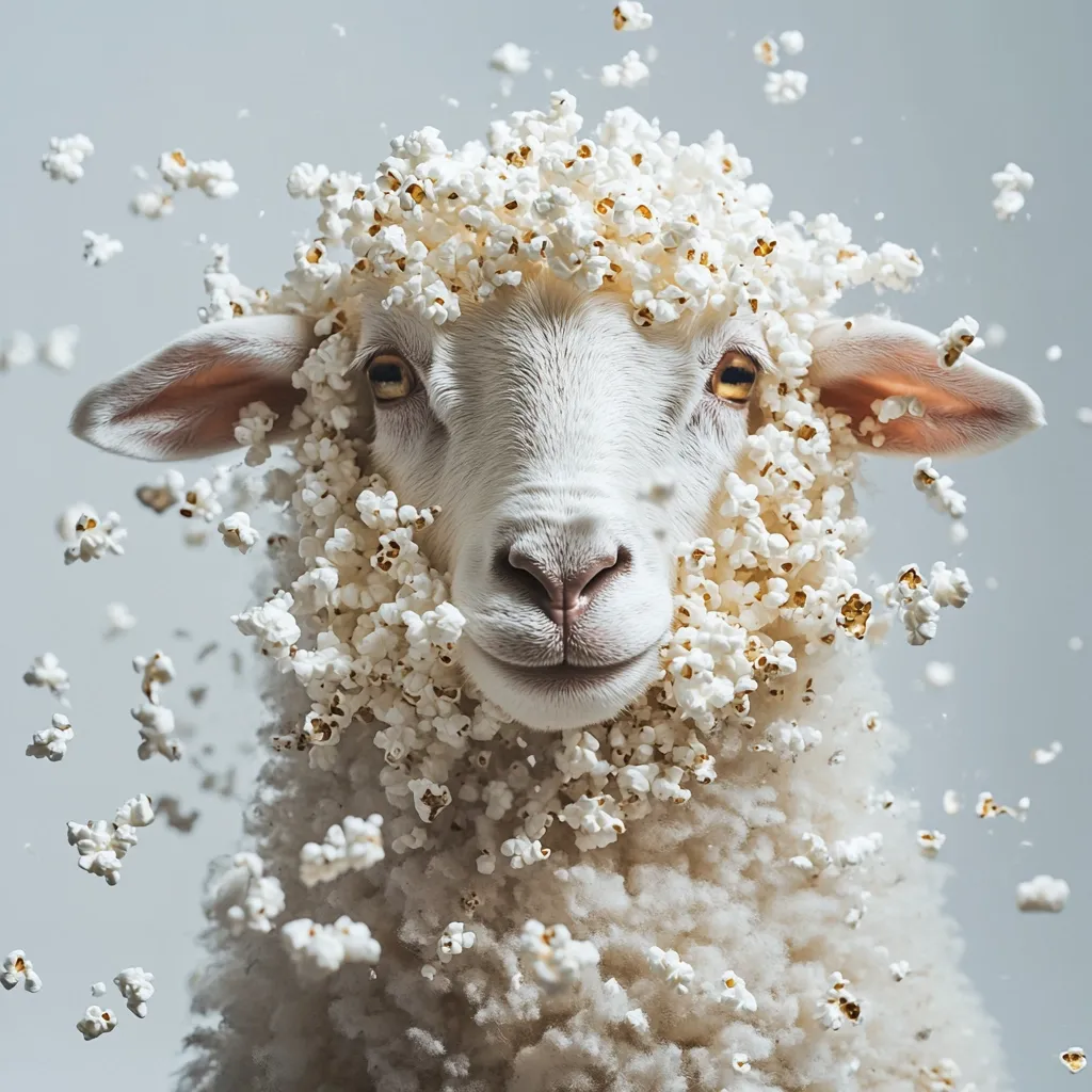 Here's a description of the image:

Close-up view of a white sheep with its fleece covered in popcorn. The popcorn is densely packed around the sheep's head and neck, with additional pieces floating in the air, suggesting a moment of action, perhaps a popcorn explosion. The sheep appears calm and its expression is somewhat amused. The background is a muted gray, drawing focus to the sheep and the contrasting white popcorn. The overall image is whimsical and surreal.