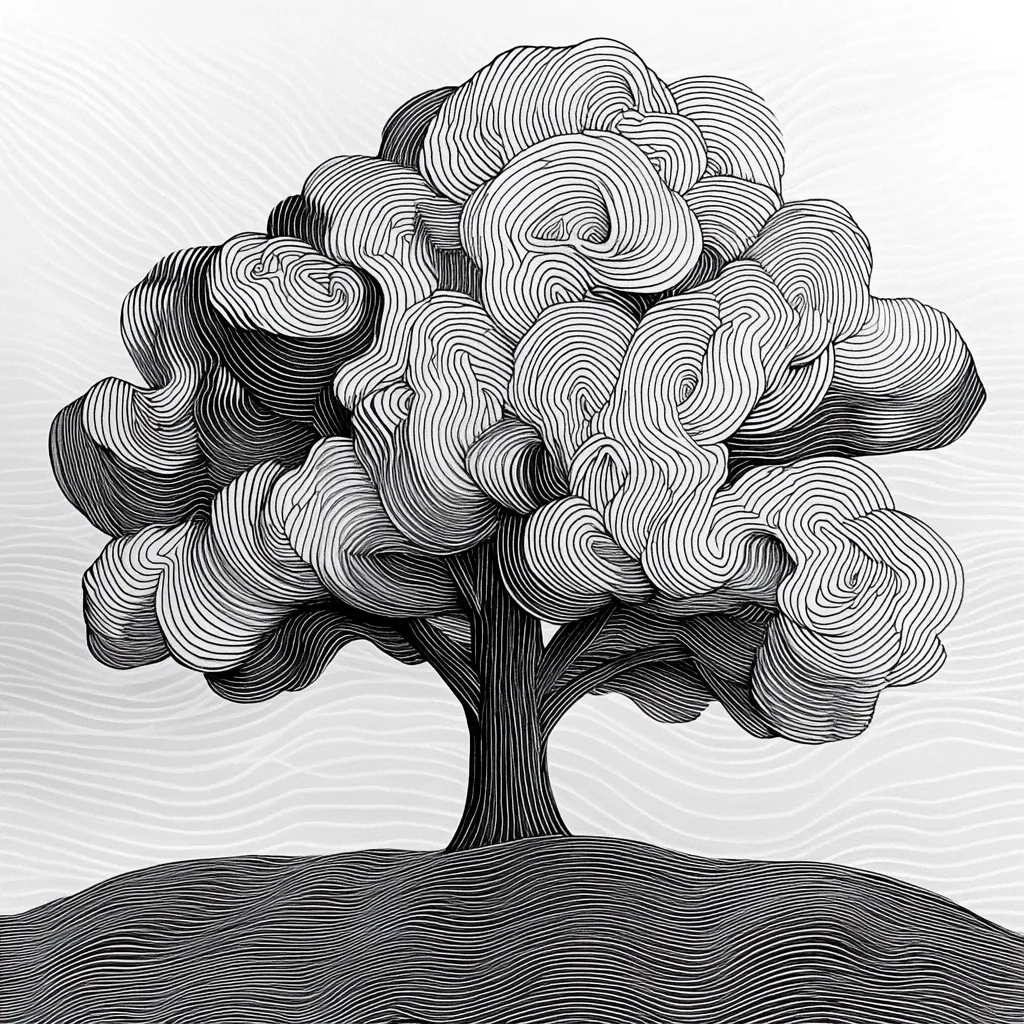 Here's a description of the image:

The image is a stylized black and white line drawing of a tree on a hill. The tree's foliage is depicted with intricate concentric circles creating a voluminous, cloud-like effect.  The lines are dense and create a strong sense of texture and depth. The tree trunk is thick and robust, leading down to a similarly textured, undulating hill. The background features subtle, wavy lines suggesting a sky or landscape. The overall style is reminiscent of a woodcut or engraving, with a strong graphic quality.