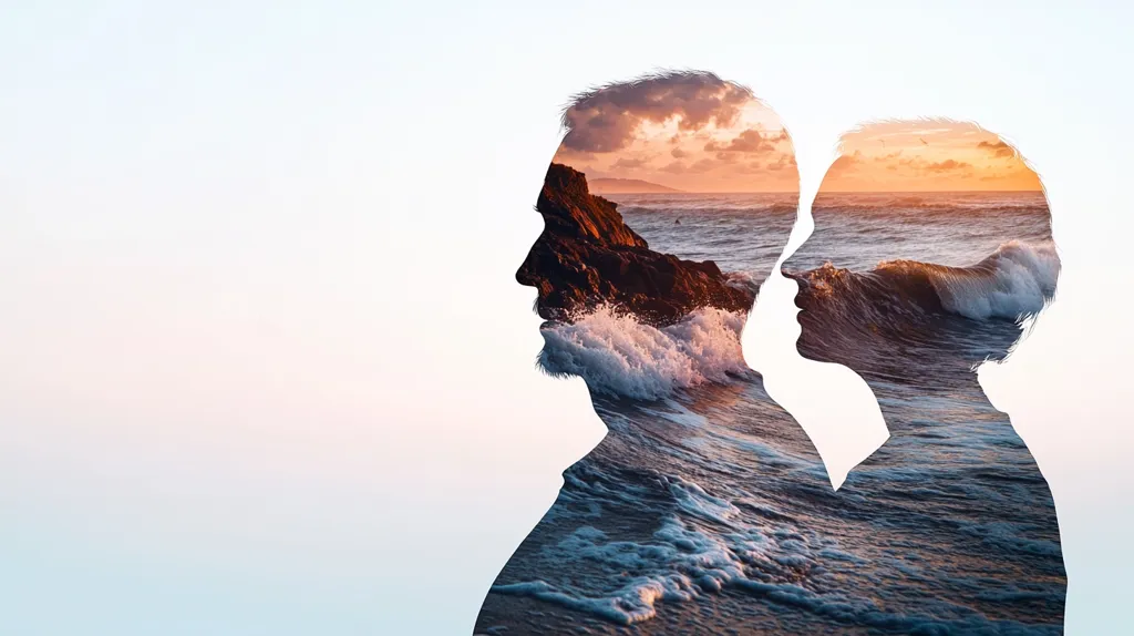 Here is a description of the image:

The image is a double exposure photograph showing the profiles of a man and a woman superimposed over a seascape. The silhouettes of their faces are clear, while the background within the outlines depicts a vibrant sunset over a rocky coastline with crashing waves. The ocean fills the space inside their head and shoulder shapes, blending the human forms with the natural world. The overall effect creates a sense of unity and interconnectedness between humanity and nature, with a calming yet powerful aesthetic.